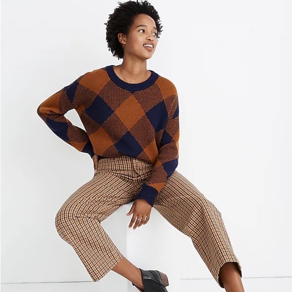 Madewell Mullen Women’s Brown and Navy Checkered Argyle Sweater. Small.